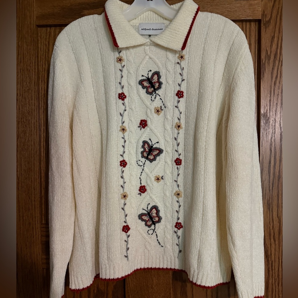 Alfred Dunner Cream Sweater with Butterfly Embroidery
